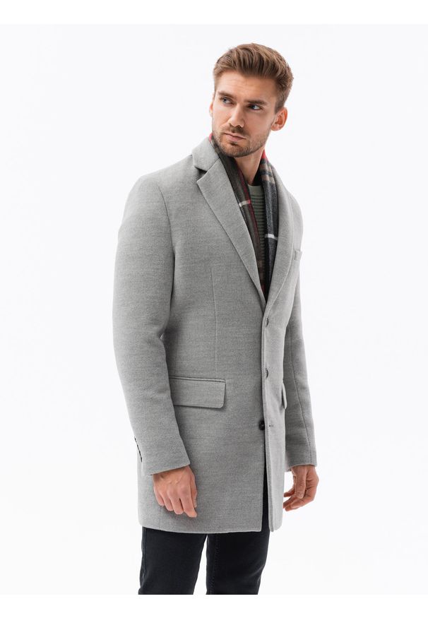 Ombre Clothing - Płaszcz męski klasyczny jednorzędowy - jasnoszary V4 C432 - XXL. Kolor: szary. Materiał: poliester. Sezon: wiosna. Styl: klasyczny