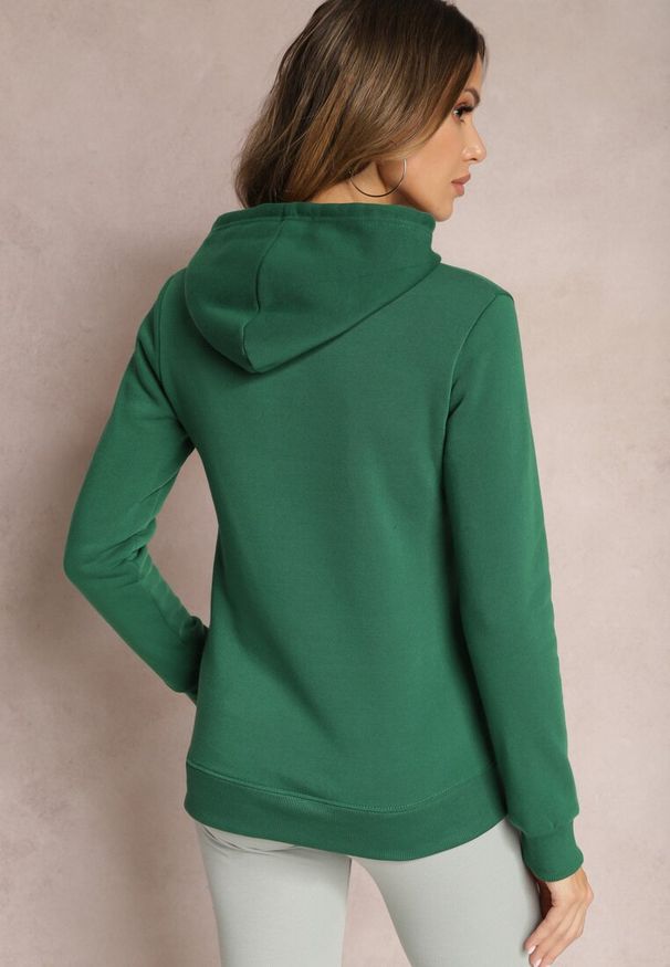 Renee - Zielona Bluza Kangurka Ocieplona Polarem z Ozdobnym Nadrukiem Elili. Okazja: na co dzień. Kolor: zielony. Materiał: polar. Wzór: nadruk. Styl: elegancki, casual