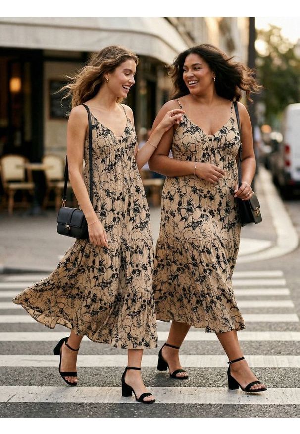 Sinsay - Sukienka midi na ramiączkach w kwiaty - beżowy. Kolor: beżowy. Długość rękawa: na ramiączkach. Wzór: kwiaty. Długość: midi