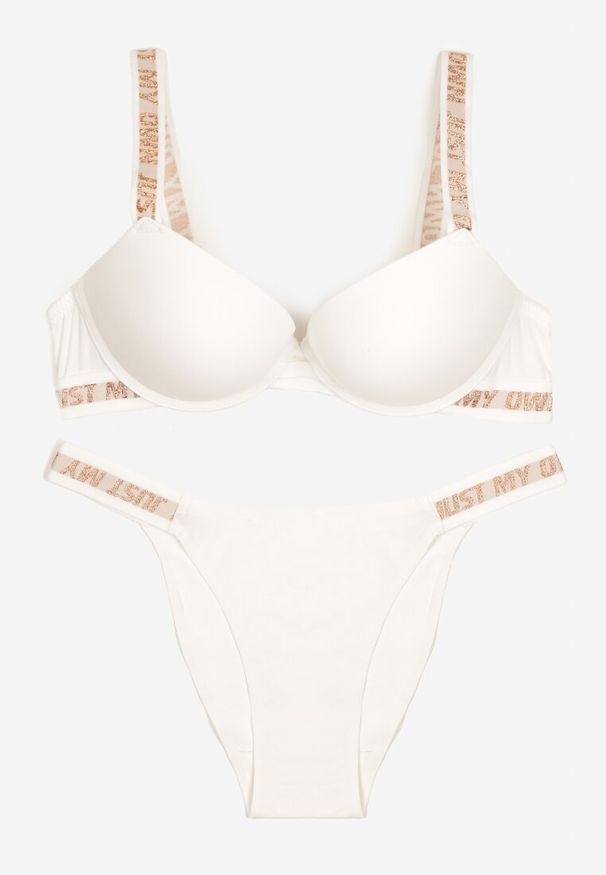 Born2be - Jasnobeżowy Komplet Biustonosz Push-Up i Wycięte Majtki Figi Ozdobione Napisami Bralara. Kolor: beżowy. Materiał: materiał. Wzór: napisy, aplikacja