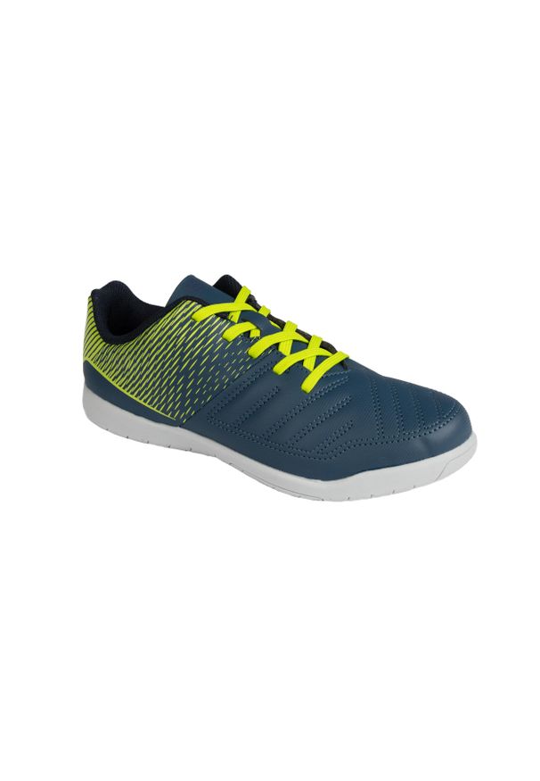KIPSTA - Buty do piłki nożnej halowej dla dzieci Kipsta Futsal 100. Kolor: zielony, szary, niebieski, wielokolorowy. Materiał: materiał, kauczuk. Szerokość cholewki: normalna