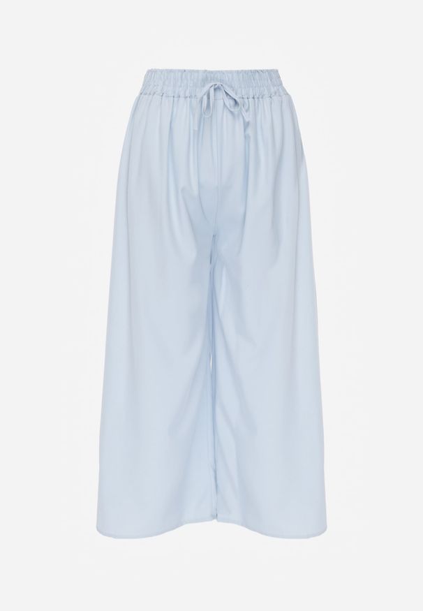 Renee - Jasnoniebieskie Spodnie High Waist z Szerokimi Nogawkami z Wiskozą Wykończone Gumką w Talii Crisantas. Okazja: na spotkanie biznesowe, na co dzień, na spacer. Stan: podwyższony. Kolor: niebieski. Materiał: wiskoza. Styl: elegancki, biznesowy, casual