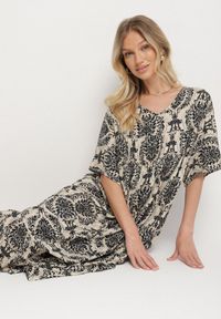 Born2be - Czarna Sukienka z Bawełną w Abstrakcyjny Wzór Filindela. Okazja: na co dzień, na spacer. Kolor: czarny. Materiał: bawełna. Wzór: aplikacja. Styl: klasyczny, casual, elegancki #3