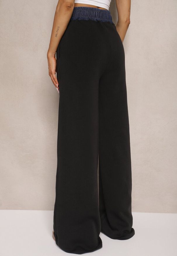 Renee - Czarne Spodnie z Bawełną o Szerokim Kroju High Waist Ozdobione Sznurkami Annoriel. Okazja: na co dzień. Stan: podwyższony. Kolor: czarny. Materiał: bawełna. Długość: krótkie. Wzór: aplikacja. Styl: casual, elegancki