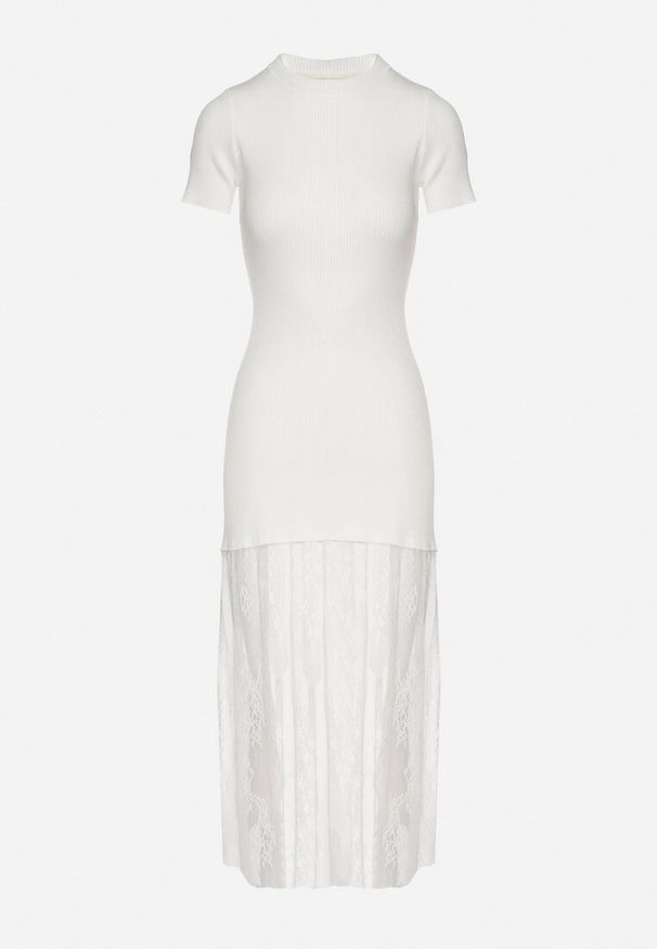 Born2be - Biała Prążkowana Sukienka z Koronkowym Dołem Vilzedi. Kolor: biały. Materiał: prążkowany, koronka. Typ sukienki: proste. Styl: elegancki, glamour
