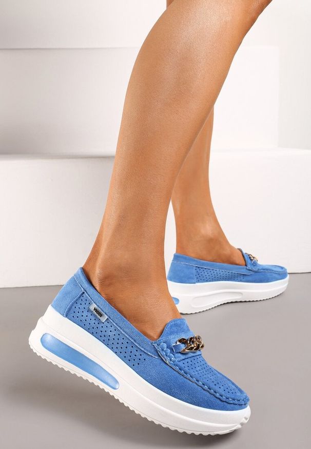 Born2be - Niebieskie Mokasyny z Łańcuszkiem i Platformą Grimenna. Kolor: niebieski. Materiał: jeans. Sezon: wiosna. Obcas: na platformie. Styl: elegancki