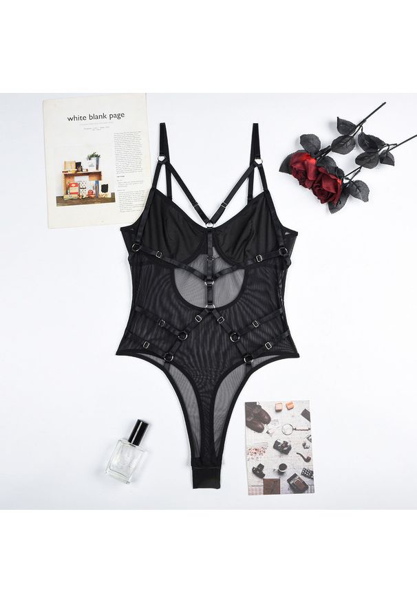 Intica - Body z motywem harness na specjalne okazje Theresina. Kolor: czarny. Materiał: materiał