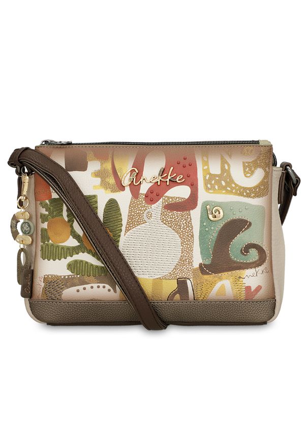 Torebka damska Anekke, elegancka mała z regulowanym paskiem i 3 komorami, multikolor, 42713-184. Kolor: brązowy. Wzór: aplikacja. Dodatki: z breloczkiem. Materiał: zdobione. Styl: elegancki