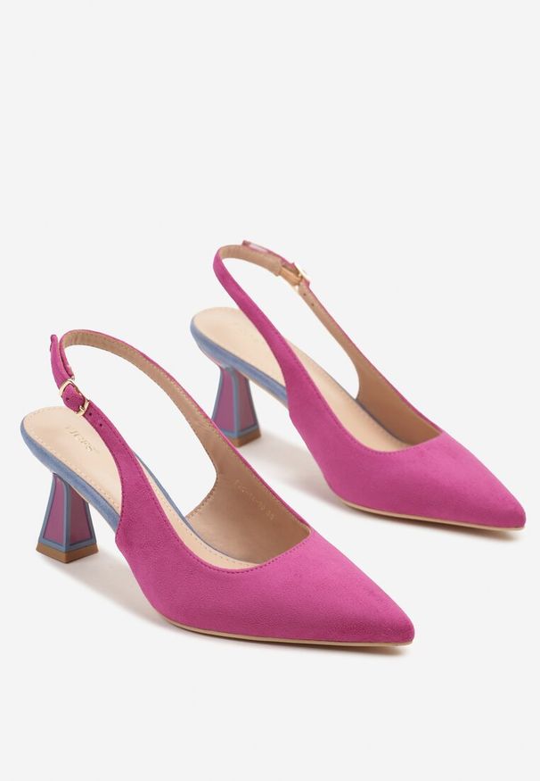 Renee - Fioletowe Sandały Vices na Kaczuszce Typu Slingback Edilitha. Okazja: na co dzień. Zapięcie: sprzączka. Kolor: fioletowy. Materiał: koronka. Wzór: aplikacja. Obcas: na szpilce. Styl: casual. Wysokość obcasa: średni