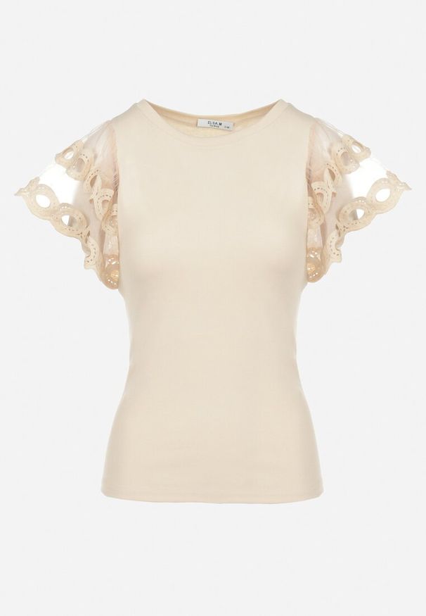 Born2be - Jasnobeżowa Bluzka z Krótkim Rękawem z Tiulu Yelenol. Kolor: beżowy. Materiał: tiul. Długość rękawa: krótki rękaw. Długość: krótkie. Wzór: koronka