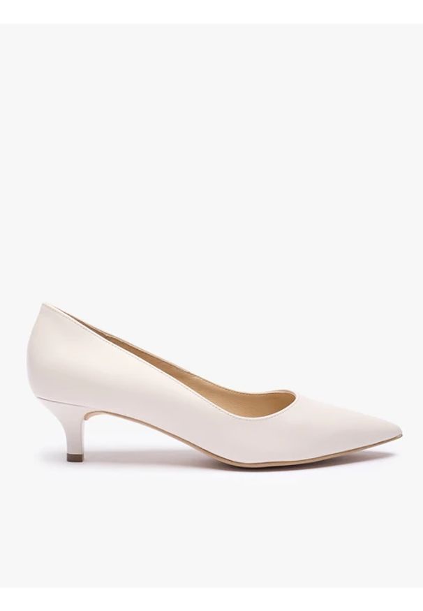 Ryłko - Kremowe czółenka ślubne kitten heels. Okazja: na wesele, na ślub cywilny. Kolor: beżowy. Materiał: skóra. Obcas: na obcasie. Styl: street, klasyczny, elegancki, casual. Wysokość obcasa: średni