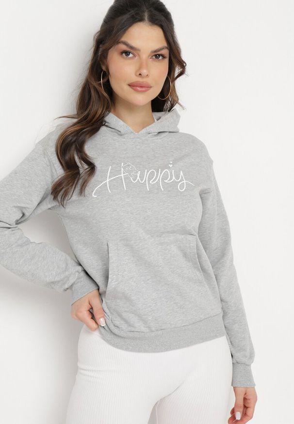 Born2be - Szara Bluza z Kapturem Ozdobiona Nadrukiem Aidirra. Typ kołnierza: kaptur. Kolor: szary. Wzór: nadruk, aplikacja. Styl: młodzieżowy