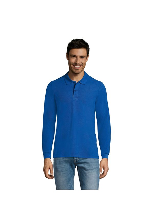 SOL'S - Męska Koszulka Polo Perfect Plain Pique Z Długim Rękawem. Typ kołnierza: polo. Kolor: niebieski. Długość rękawa: długi rękaw. Długość: długie