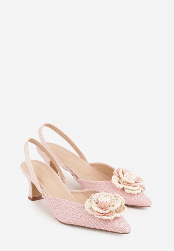 Renee - Różowe Sandały Slingback na Kaczuszce z Tweedowymi Wstawkami i Kwiatem 3D Zehe. Okazja: na co dzień, na imprezę. Zapięcie: bez zapięcia. Kolor: różowy. Materiał: jeans, koronka. Wzór: kwiaty. Obcas: na szpilce. Styl: casual, elegancki