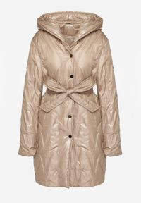 Renee - Ciemnobeżowa Pikowana Kurtka z Kapturem i Wiązanym Paskiem Elladie. Okazja: na co dzień. Typ kołnierza: kaptur. Kolor: beżowy. Materiał: dzianina, jeans. Styl: casual #3