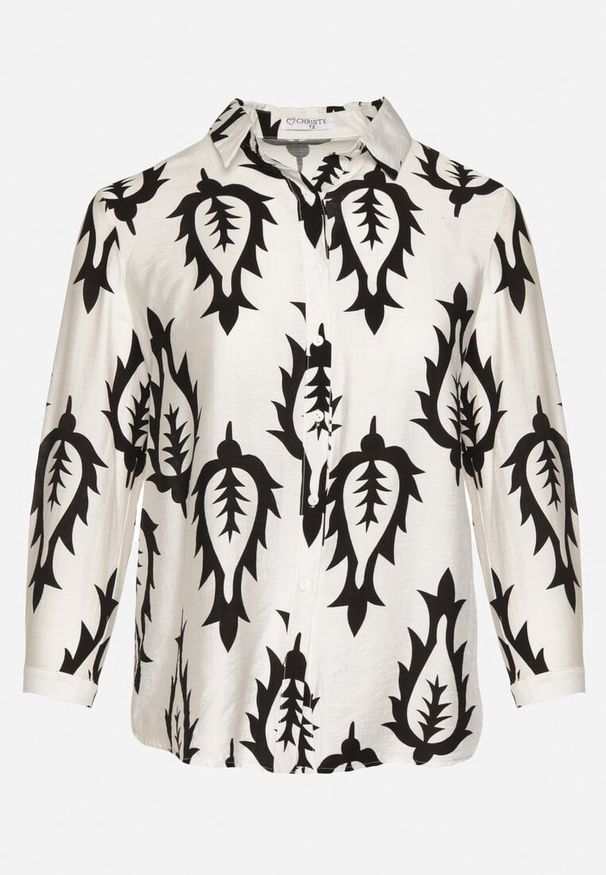Born2be - Biało-Czarna Koszula z Tkaniny z Wiskozą w Etniczny Wzór z Podpinanymi Rękawami Fommea. Okazja: na co dzień. Kolekcja: plus size. Kolor: czarny. Materiał: wiskoza, tkanina. Styl: klasyczny, elegancki, casual