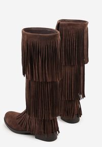 Renee - Brązowe Kozaki w Stylu Boho z Frędzlami Funama. Kolor: brązowy. Materiał: jeans. Styl: boho