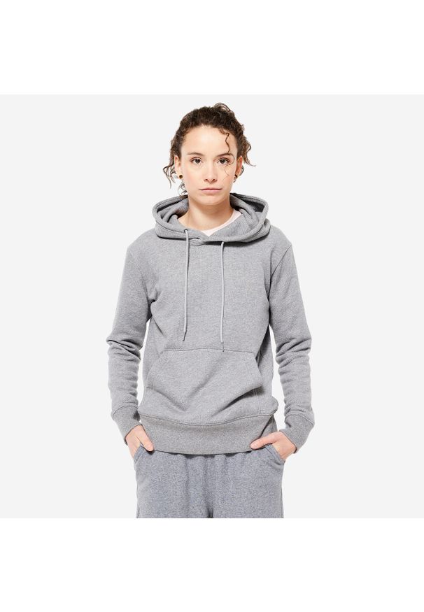 DOMYOS - Bluza z kapturem damska Domyos Gym & Pilates. Typ kołnierza: kaptur. Kolor: szary. Materiał: włókno, elastan, tkanina, bawełna, materiał, poliester, prążkowany. Długość: długie. Sport: joga i pilates