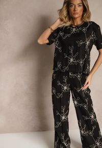 Renee - Czarny Komplet z Wyszywanymi Kwiatami Luźny T-shirt i Proste Spodnie Namselin. Kolor: czarny. Materiał: tkanina. Wzór: kwiaty #3
