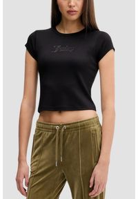 Juicy Couture - JUICY COUTURE Czarny damski t-shirt Capped Baby Sleeve, Rozmiar S. Okazja: na co dzień. Kolor: czarny. Materiał: materiał. Długość rękawa: krótki rękaw. Długość: krótkie. Styl: klasyczny, casual #1