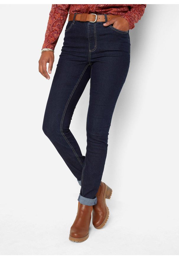 bonprix - Jegginsy high-waist z wygodnym paskiem. Stan: podwyższony. Kolor: niebieski