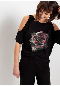 bonprix - Bluzka z wiskozy z odkrytymi ramionami. Kolor: czarny. Materiał: wiskoza. Wzór: nadruk, kwiaty. Styl: elegancki #1