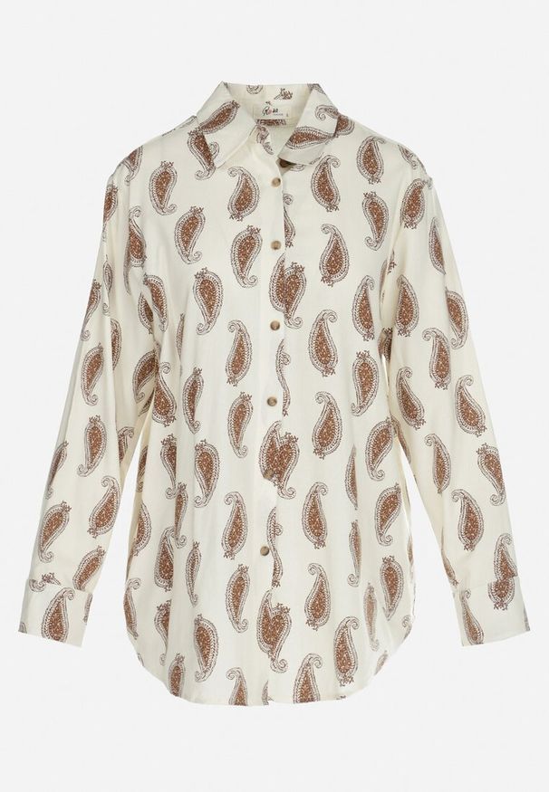 Born2be - Beżowo-Brązowa Bawełniana Koszula Zdobiona Wzorem Paisley Jamara. Kolor: beżowy. Materiał: bawełna. Długość rękawa: długi rękaw. Długość: długie. Wzór: paisley, aplikacja