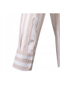 Biała, Lekko Taliowana Koszula Męska - Pako Jeans - Beżowy Prążek. Okazja: na co dzień. Kolor: brązowy, beżowy, wielokolorowy. Materiał: wiskoza, bawełna. Wzór: paski. Styl: casual #9