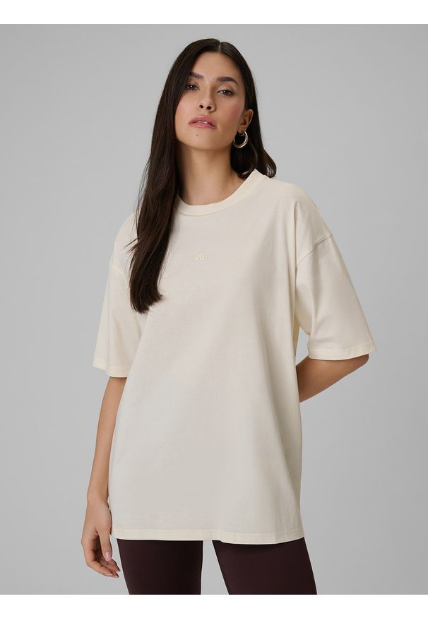 4f - 4F T-shirt loose gładki damski - beżowy S. Okazja: na co dzień. Kolor: beżowy. Materiał: bawełna, materiał. Wzór: gładki. Styl: casual