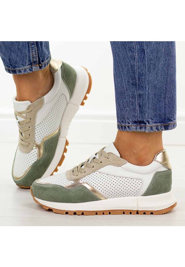 Złoto oliwkowe skórzane sneakersy damskie Jezzi 17-02. Okazja: na spacer, na co dzień. Nosek buta: okrągły. Zapięcie: sznurówki. Kolor: złoty. Szerokość cholewki: normalna. Wzór: ażurowy. Materiał: skóra. Sezon: wiosna, jesień, lato. Styl: casual, elegancki, sportowy, klasyczny