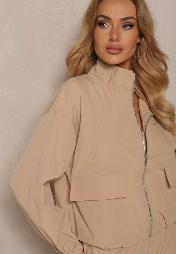 Renee - Beżowy Komplet Dresowy Spodnie Bojówki z Gumką w Pasie i Bluza na Suwak Zakończona Ściągaczem na Dole Tiazena. Kolor: beżowy. Materiał: dresówka