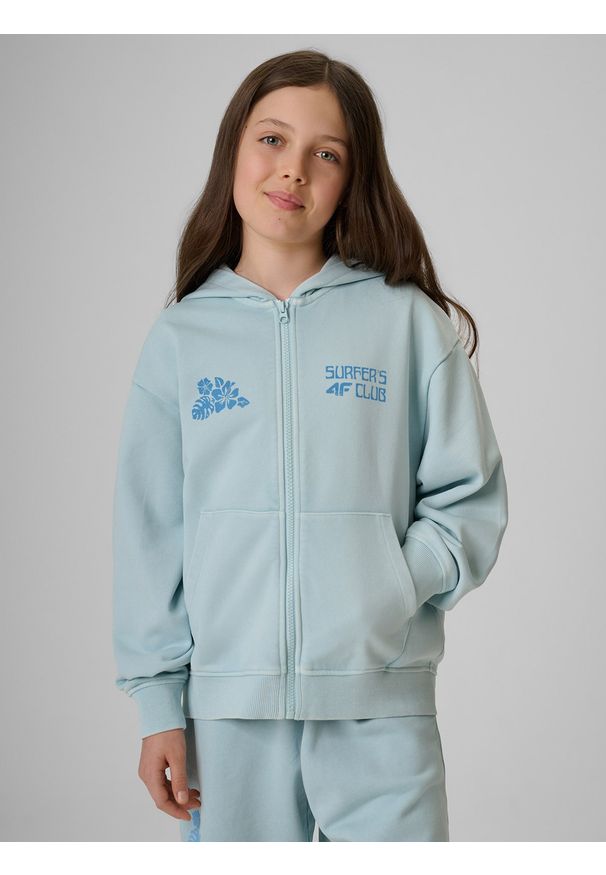4f - 4F Bluza dresowa loose z kapturem dziewczęca - niebieska 158/164 (12-14 lat). Okazja: na co dzień. Typ kołnierza: kaptur. Kolor: niebieski. Materiał: dresówka. Wzór: nadruk. Sezon: lato. Styl: wakacyjny, casual