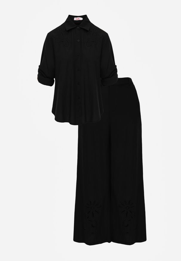 Renee - Czarny Boho Komplet z Bawełną Koszula i Spodnie z Ażurowymi Zdobieniami Runesa. Kolor: czarny. Materiał: bawełna. Wzór: aplikacja, ażurowy