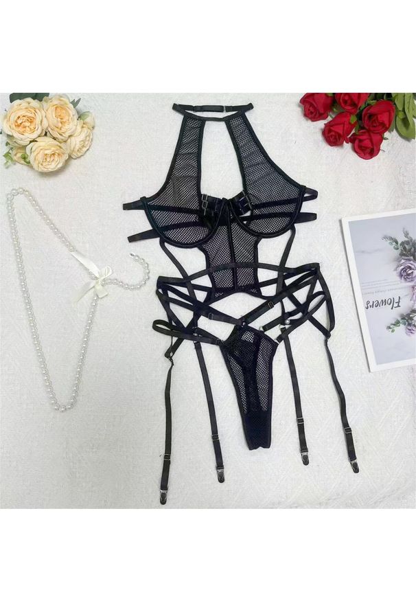 Intica - Komplet bielizny harness z regulowanymi paskami na romantyczne wieczory Lilea. Kolor: czarny. Materiał: materiał