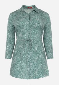 Born2be - Zielona Koszulowa Sukienka Mini z Materiałowym Paskiem i Podpinanymi Rękawami Eleandia. Kolekcja: plus size. Kolor: zielony. Materiał: materiał. Wzór: kwiaty. Sezon: wiosna, lato. Typ sukienki: koszulowe. Długość: mini #5