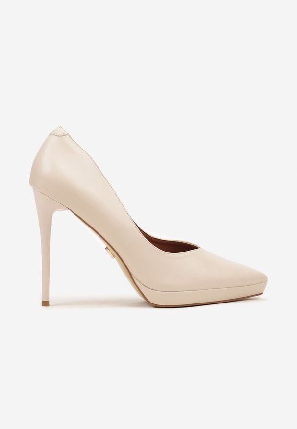 Renee - Jasnobeżowe Szpilki Vices na Grubej Podeszwie z Wkładką ze Skóry Naturalnej Ahrrie. Okazja: na wesele, na ślub cywilny, na imprezę. Kolor: beżowy. Materiał: skóra. Obcas: na szpilce. Styl: klasyczny