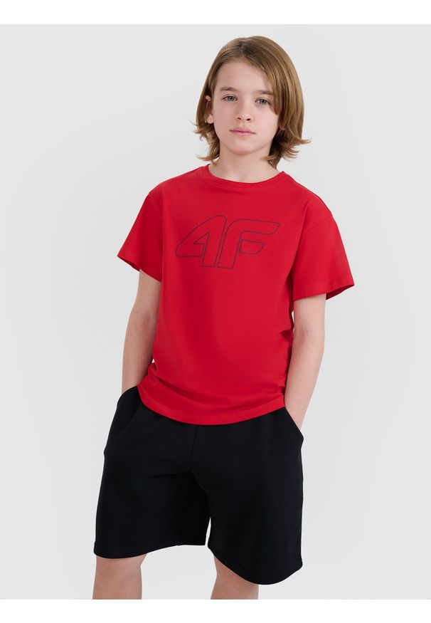 4f - 4F T-shirt oversize z nadrukiem chłopięcy - czerwony 152 (11-12 lat). Okazja: na co dzień. Kolor: czerwony. Materiał: jersey, bawełna, dzianina. Długość rękawa: krótki rękaw. Długość: krótkie. Wzór: nadruk. Sezon: lato. Styl: sportowy, klasyczny, casual