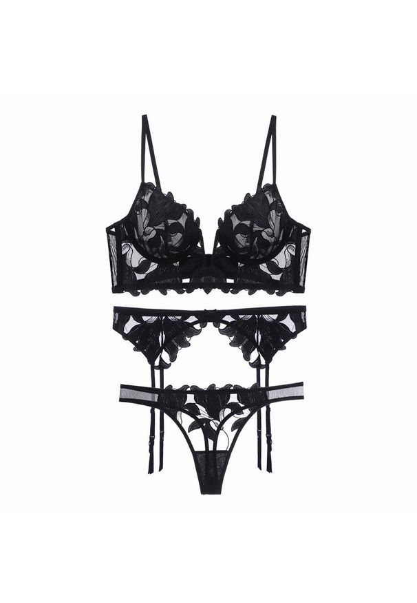 Intica - Komplet bielizny koronkowej z subtelnymi detalami Pitsa. Kolor: czarny. Materiał: koronka. Wzór: aplikacja