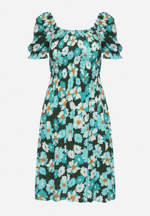 Born2be - Niebiesko-Zielona Wiskozowa Sukienka Midi Rozkloszowana w Kwiatowy Print Acarana. Okazja: na co dzień, na spacer. Typ kołnierza: dekolt kwadratowy. Kolor: niebieski. Wzór: kwiaty, nadruk. Typ sukienki: proste. Materiał: wiskoza. Sezon: lato. Styl: klasyczny, casual, elegancki. Długość: midi