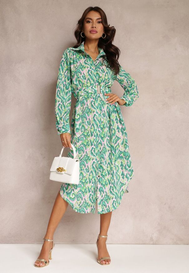 Renee - Zielona Wzorzysta Sukienka z Kołnierzykiem i Dodatkowym Paskiem Verenice. Kolor: zielony. Materiał: materiał. Długość rękawa: długi rękaw. Typ sukienki: koszulowe. Długość: midi