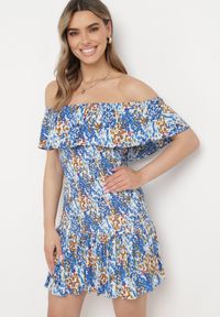 Born2be - Niebieska Sukienka Hiszpanka Mini z Elastycznej Wiskozy Zamra. Typ kołnierza: dekolt hiszpanka. Kolor: niebieski. Materiał: wiskoza. Sezon: lato. Długość: mini #1