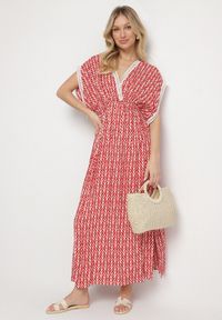 Born2be - Czerwona Bawełniana Sukienka Rozkloszowana z Koronkowymi Wstawkami Laniwena. Kolor: czerwony. Materiał: bawełna, koronka. Sezon: lato #4