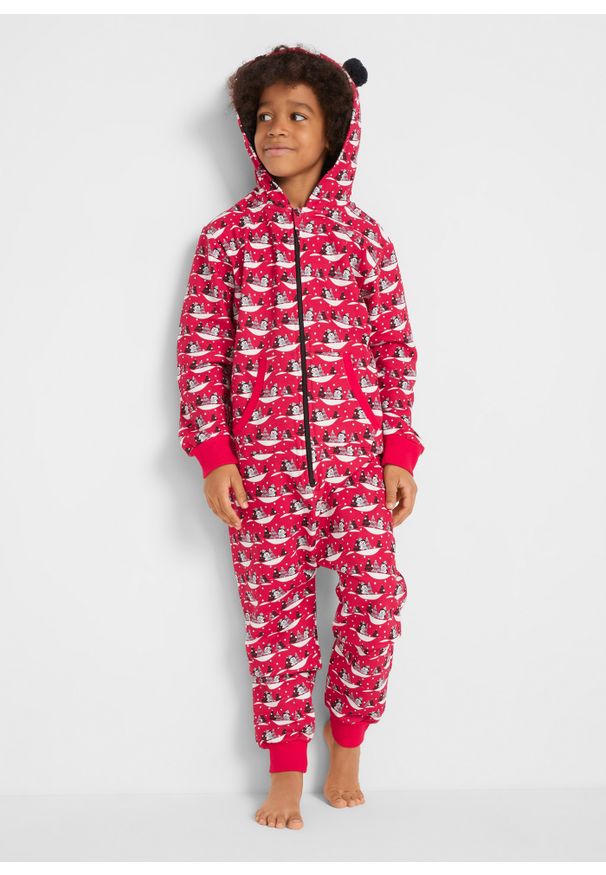bonprix - Piżama jednoczęściowa dziecięca. Kolor: czerwony. Wzór: nadruk, aplikacja