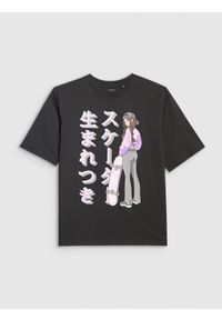 4f - 4F T-shirt oversize z nadrukiem dziewczęcy - czarny 134 (8-9 lat). Kolor: czarny. Materiał: skóra. Wzór: nadruk. Sezon: lato