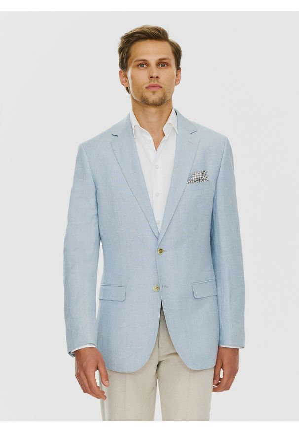 Pako Lorente - PAKO LORENTE – Lniana marynarka męska w kolorze niebieskim. Okazja: na co dzień. Kolor: niebieski, beżowy, oliwkowy. Materiał: len. Styl: casual