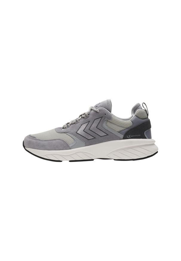 Trenerzy Hummel Marathona Reach LX. Kolor: szary. Materiał: zamsz, neopren, guma. Szerokość cholewki: normalna. Wzór: jodełka, haft
