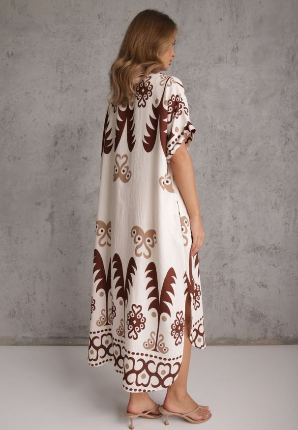 Renee - Brązowa Wiskozowa Sukienka o Kroju Oversize z Geometrycznym Printem Talon. Kolor: brązowy. Materiał: wiskoza. Wzór: geometria, nadruk. Sezon: lato. Typ sukienki: oversize. Styl: elegancki