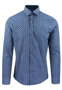 Męska Koszula, Taliowana (Slim Fit) - Rigon - Ciemnoniebieska, Wzór. Okazja: do pracy, na spotkanie biznesowe. Kolor: niebieski. Materiał: bawełna, poliester, elastan. Długość rękawa: długi rękaw. Długość: długie. Styl: wizytowy, elegancki, biznesowy #1