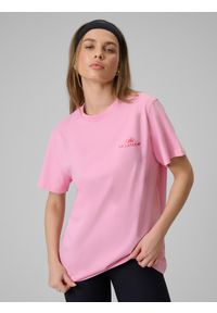 4f - 4F T-shirt loose z nadrukiem damski - różowy L. Okazja: na co dzień, do domu. Kolor: różowy. Materiał: skóra, dzianina, bawełna, materiał. Wzór: nadruk. Styl: casual #1