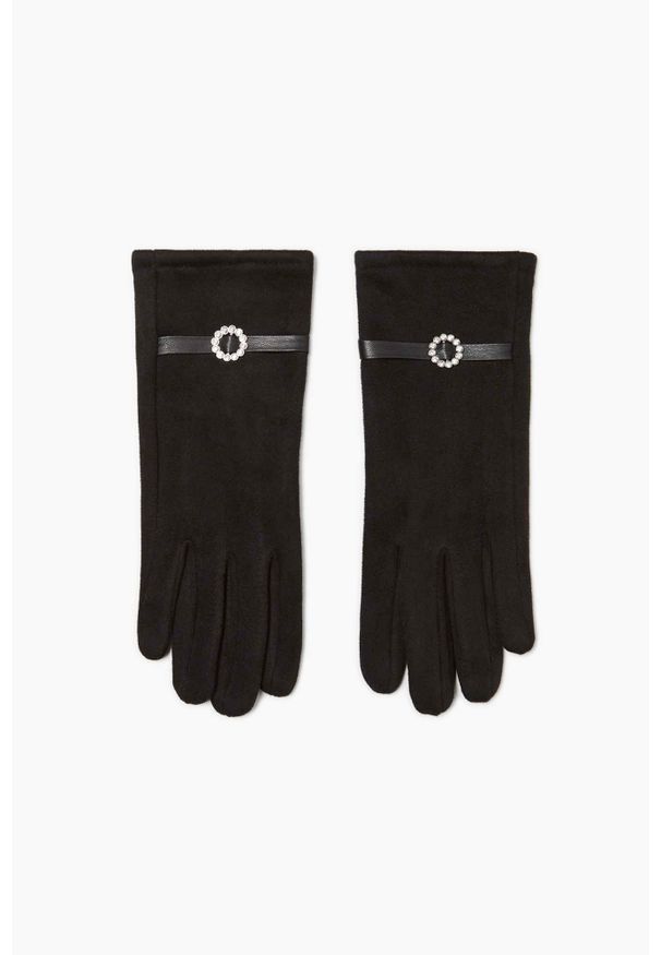 MOODO - Rękawiczki z ozdobnym paskiem czarne. Kolor: czarny. Materiał: poliester